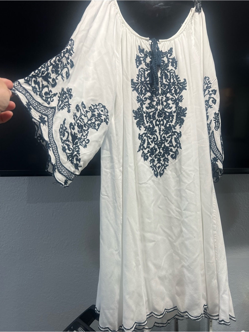 White Dress with Navy Embroidered Detailing